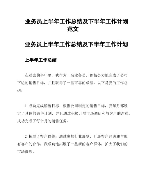 业务员上半年工作总结及下半年工作计划范文