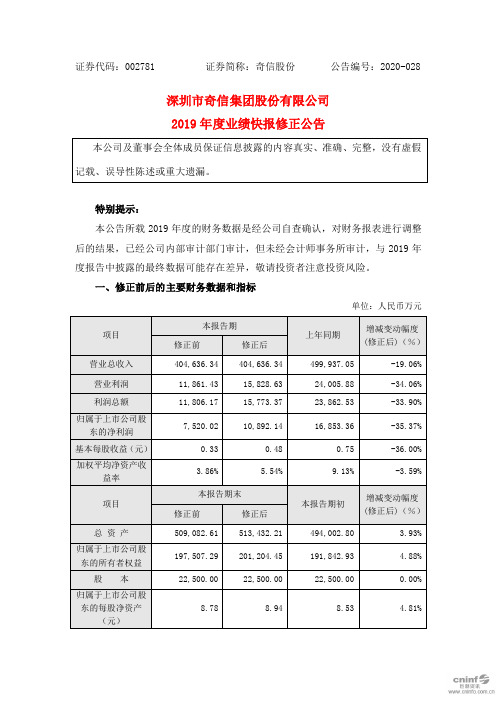 奇信股份：2019年度业绩快报修正公告