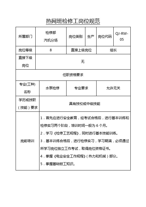 热网班检修工岗位规范