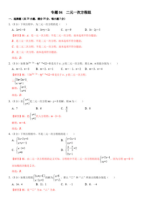 专题04 二元一次方程组(解析版)-2020-2021学年七年级数学期末复习特训