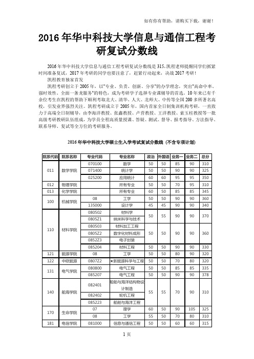 2016年华中科技大学信息及通信工程考研复试分数线