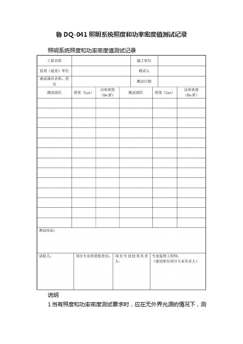 鲁DQ-041照明系统照度和功率密度值测试记录