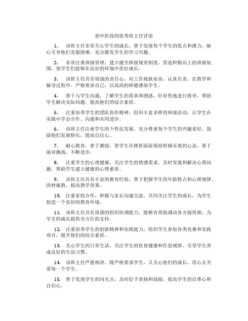 初中阶段的优秀班主任评语