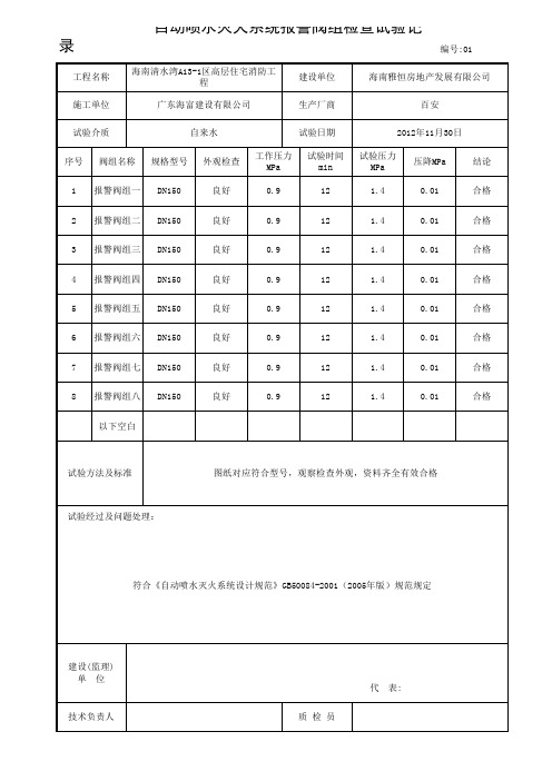 自动喷水灭火系统报警阀组检查试验记录