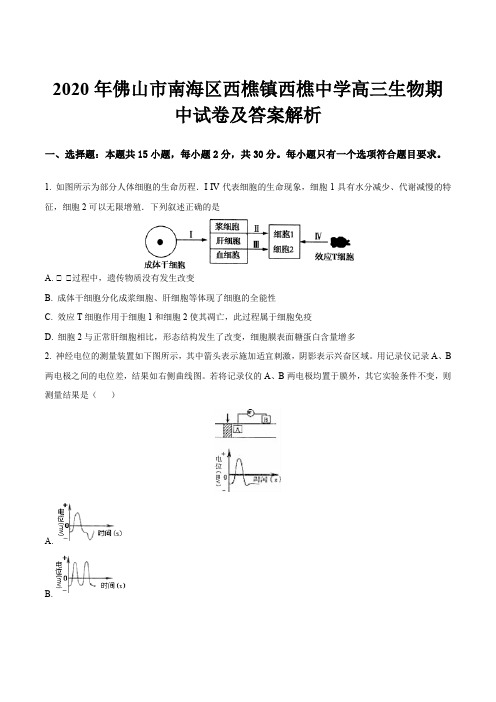 2020年佛山市南海区西樵镇西樵中学高三生物期中试卷及答案解析