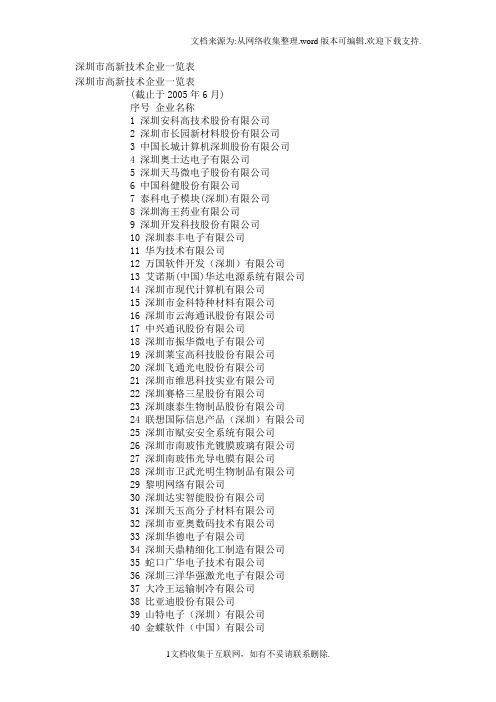 深圳市高新技术企业一览表