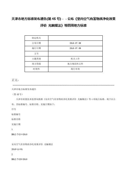 天津市地方标准发布通告(第45号)－－公布《室内空气有害物质净化效果评价 光触媒法》等四项地方标准-