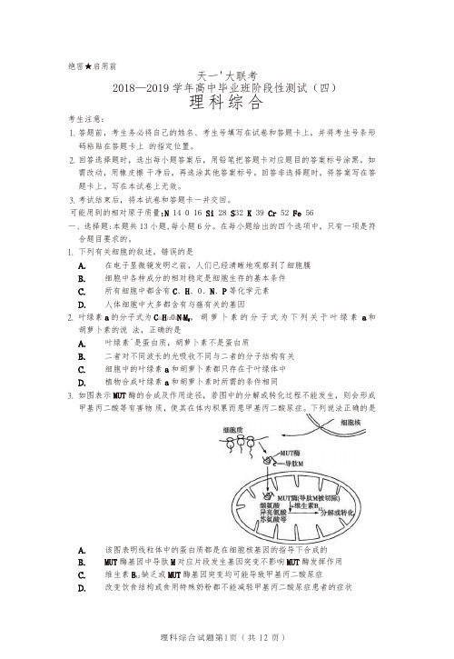 河南省天一大联考2019届高三阶段性测试(四)理科综合试卷(pdf版,含答案)