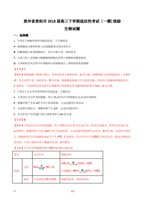 2018届贵州省贵阳市高三下学期适应性考试(一模)理科综合生物试题(解析版)