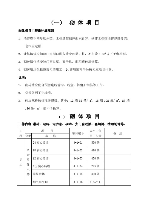 建筑工程施工工人劳动定额