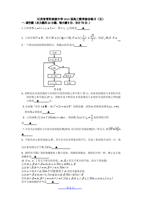 江苏省青阳高级中学2013届高三数学综合练习(五) 附答案