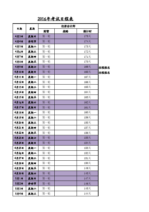 2016年考试日程表