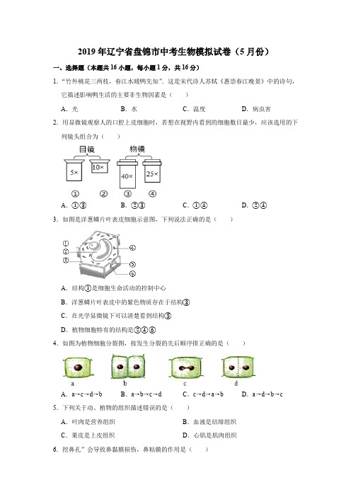 2019年辽宁省盘锦市中考生物模拟试卷(5月份)解析版
