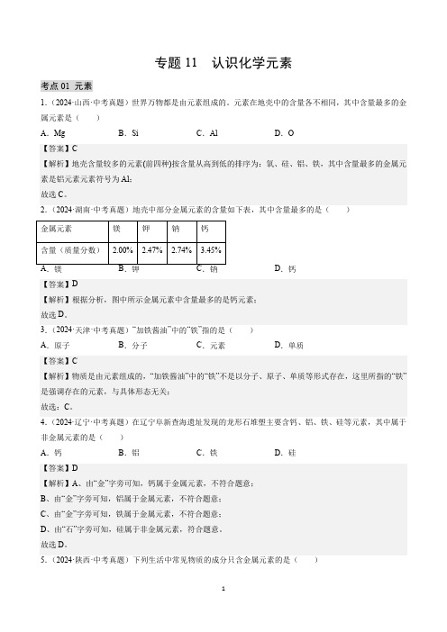 认识化学元素(解析版)三年(2022-2024)中考化学真题分类汇编(全国通用)