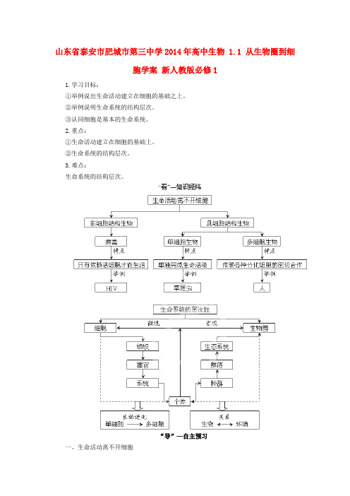 山东省泰安市肥城市第三中学高中生物 1.1 从生物圈到细胞学案 新人教版必修1