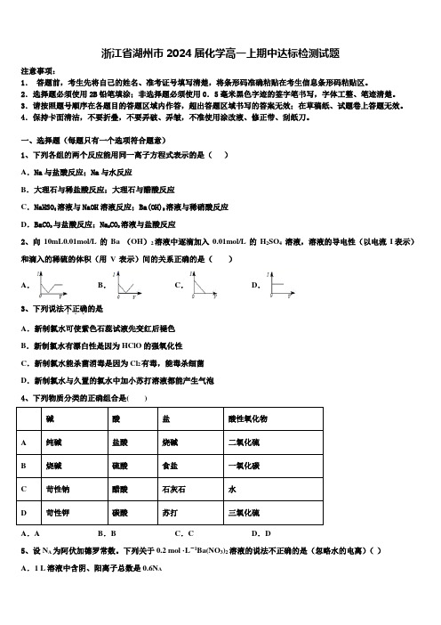 浙江省湖州市2024届化学高一上期中达标检测试题含解析