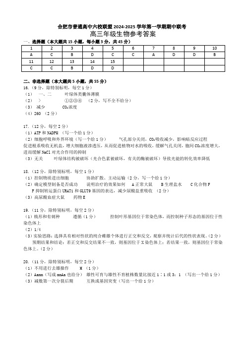 安徽省合肥市普通高中六校联盟2025届高三上学期期中联考生物答案