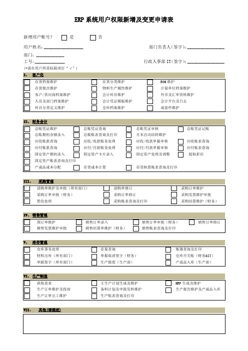 ERP系统用户权限新增及变更申请表