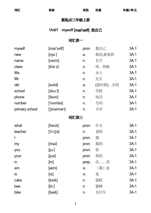 新起点(3年级上下册)单词