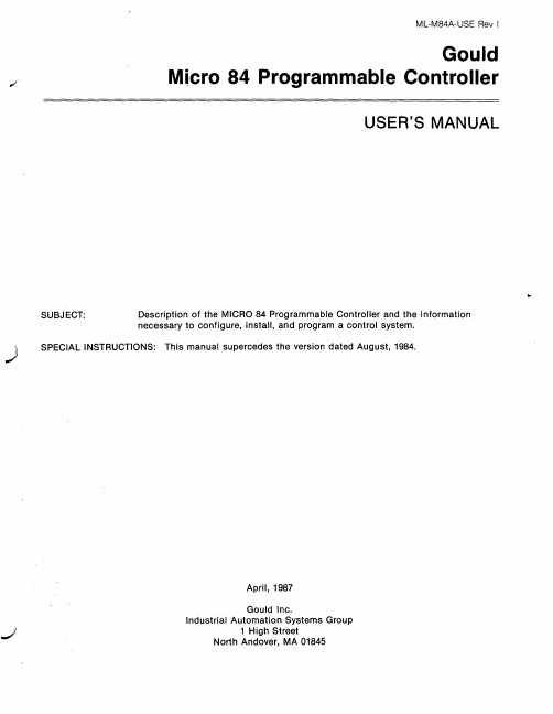 ML-M84A-USE 修订版 I Gould Mrcro 84 可编程控制器用户手册说明书