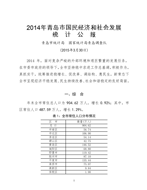 青岛市2015发展统计公报