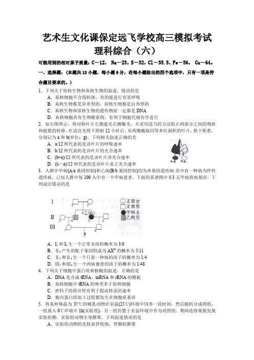 艺术生文化课保定远飞学校高三模拟考试-理科综合(六)