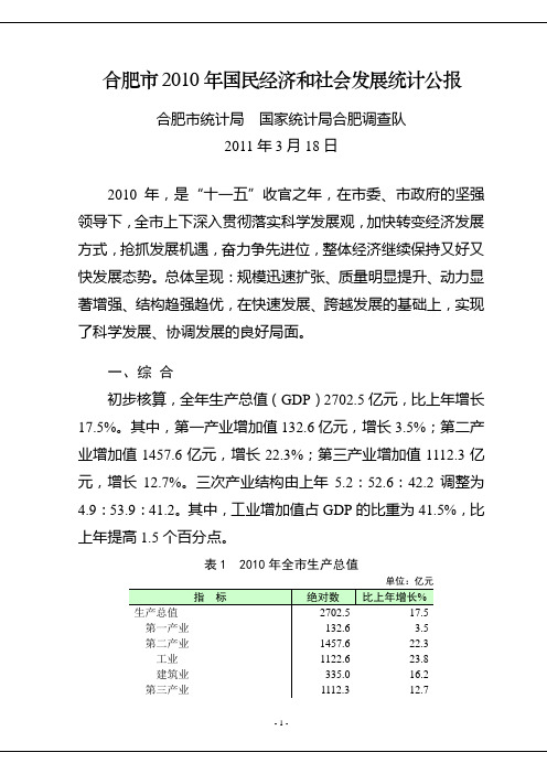 2010年合肥市国民统计公报