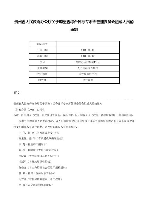 贵州省人民政府办公厅关于调整省综合评标专家库管理委员会组成人员的通知-黔府办函[2013]92号