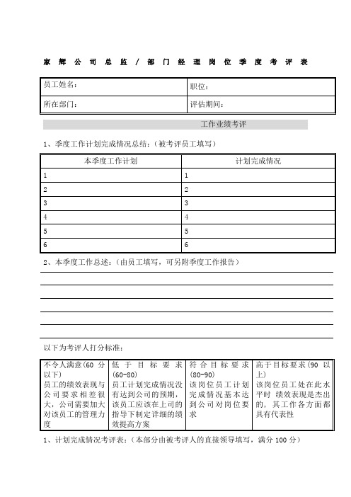 某某公司总监部门经理岗位季度考评表