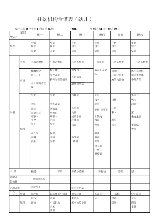 托幼机构食谱表幼儿