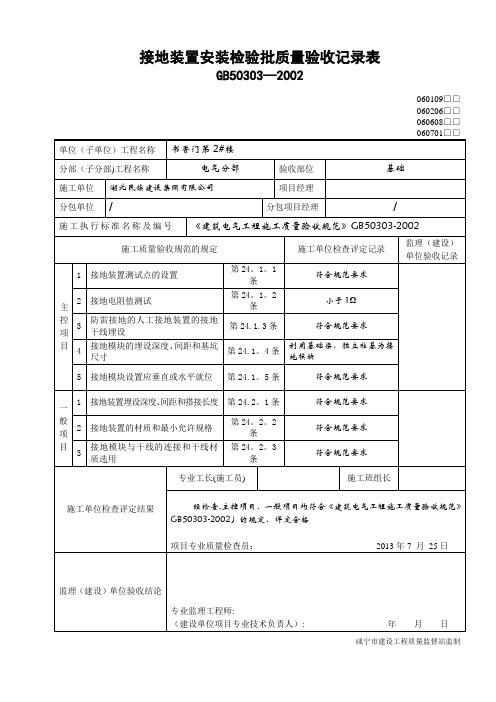 接地装置安装检验批质量验收记录表