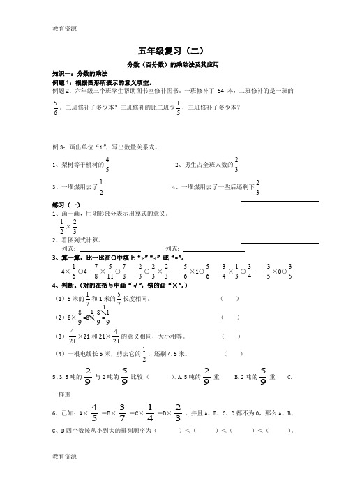 【教育资料】五年级下册数学试题复习分数(百分数)的乘除法及其应用练习题｜北师大版(无答案)学习专用