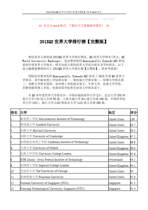 2018-201XQS世界大学排行榜【完整版】-优秀word范文 (15页)