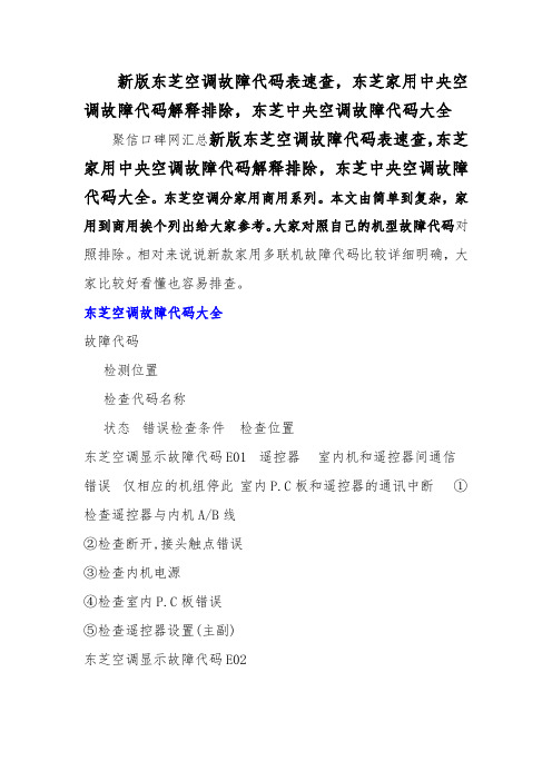 新版东芝空调故障代码表速查_东芝家用中央空调故障代码解释排除_东芝中央空调故障代码大全