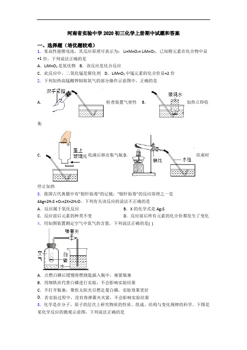 河南省实验中学2020初三化学上册期中试题和答案