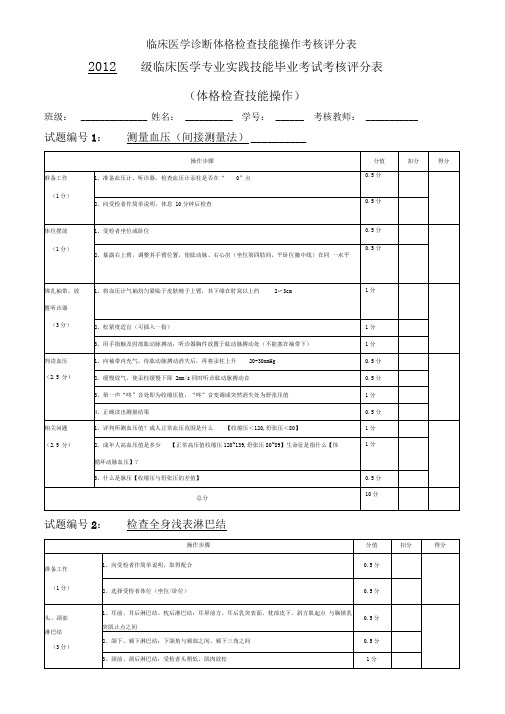 临床医学诊断体格检查技能操作考核评分表