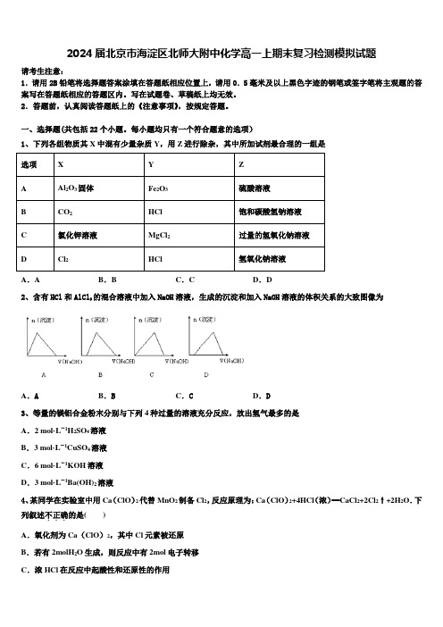 2024届北京市海淀区北师大附中化学高一上期末复习检测模拟试题含解析