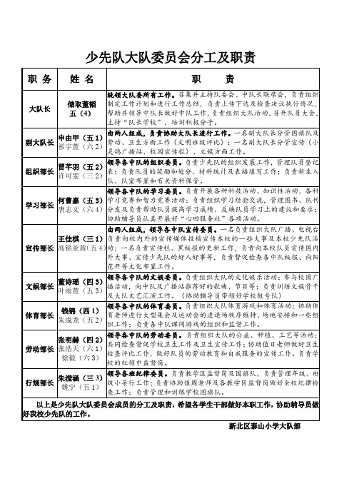 少先队大队委分工及工作职责