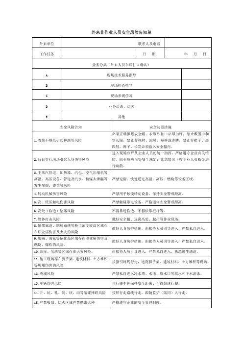 外来非作业人员安全风险告知单