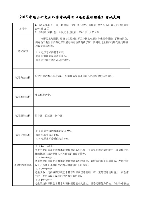 2015年硕士研究生入学考试科目电影基础理论考试大纲