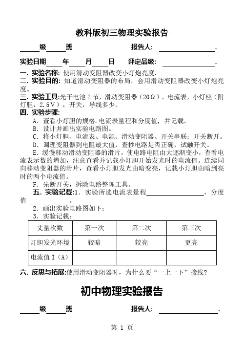 教科版初三物理实验报告