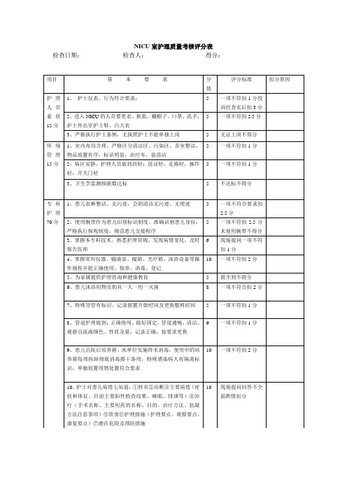 NICU室护理质量考核评分表