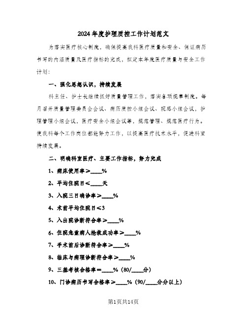 2024年度护理质控工作计划范文(五篇)