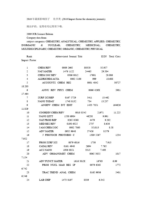 2010年最新影响因子 - 化学类