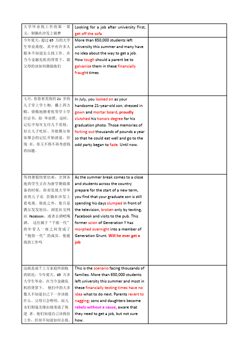 新标准大学英语 第四册 第一单元 课文原文及翻译 表格格式