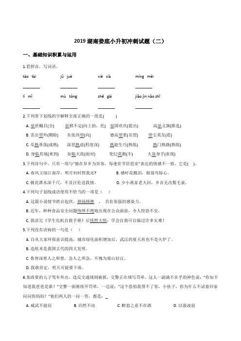 六年级下册语文试题--2019湖南娄底小升初冲刺试题二人教课标 含答案