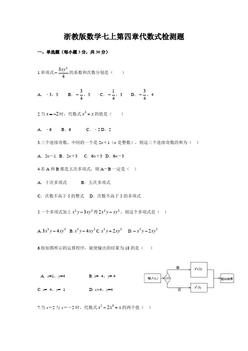 浙教版2020-2021学年七年级数学上册第四章代数式 同步试卷及答案