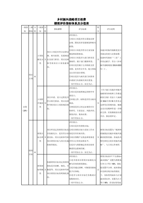 乡村振兴战略项目经费绩效评价指标体系及分值表