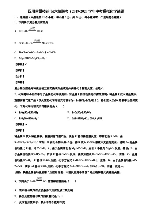 四川省攀枝花市(六校联考)2019-2020学年中考模拟化学试题含解析
