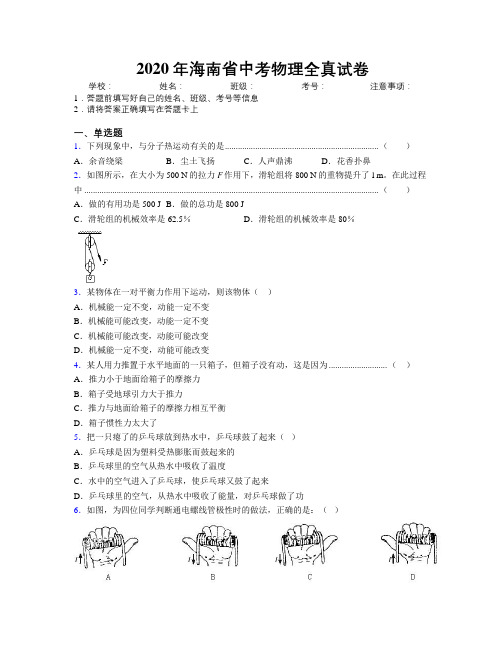 2020年海南省中考物理全真试卷附解析